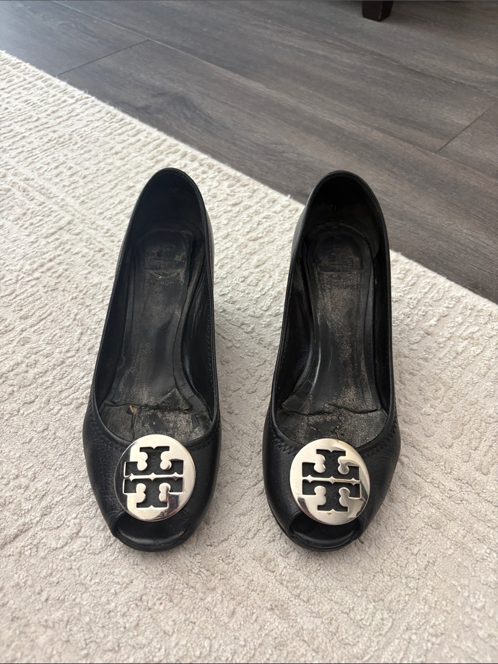 Tory Burch Black Leather Peep-Toe Wedges with Silver Logo